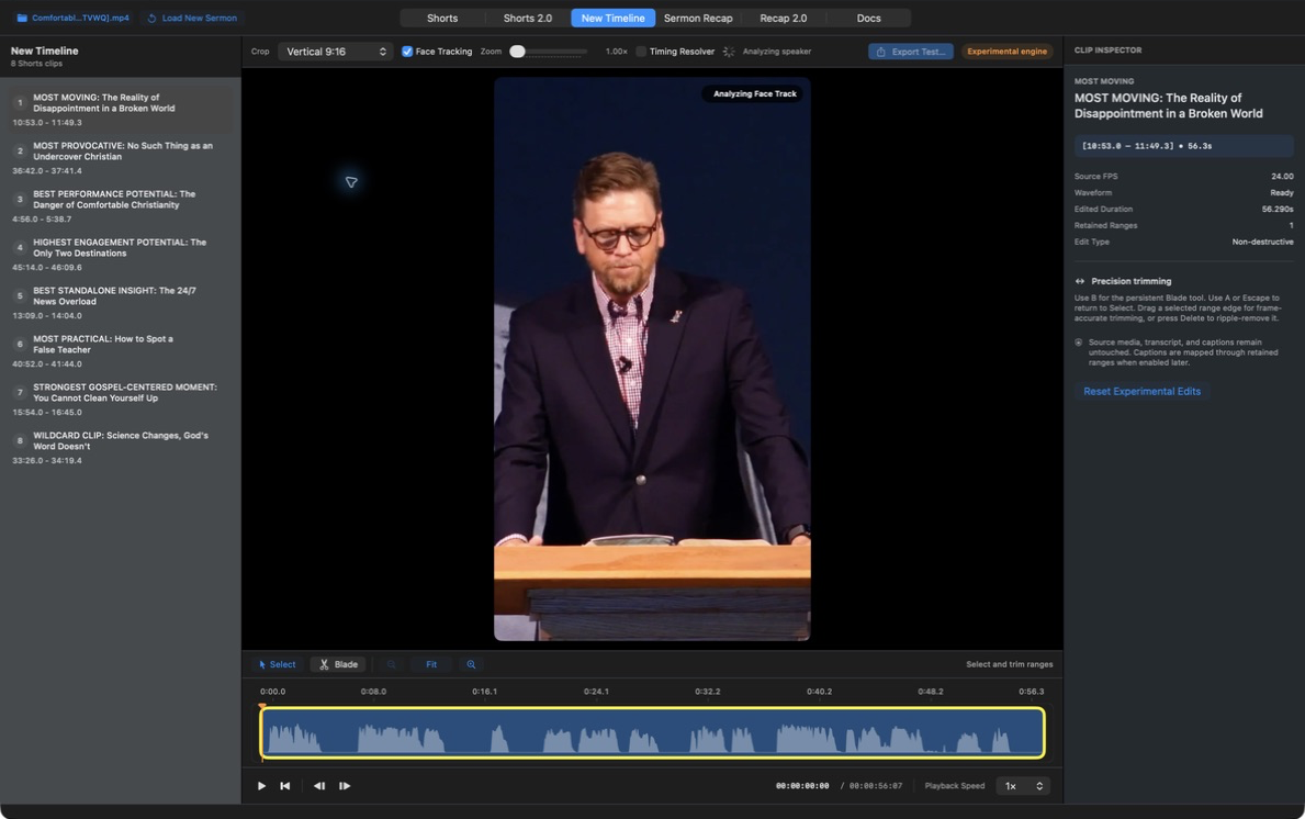 The real Sermon Studio short editor on macOS, showing surfaced sermon moments, a vertical preview, and a waveform timeline.